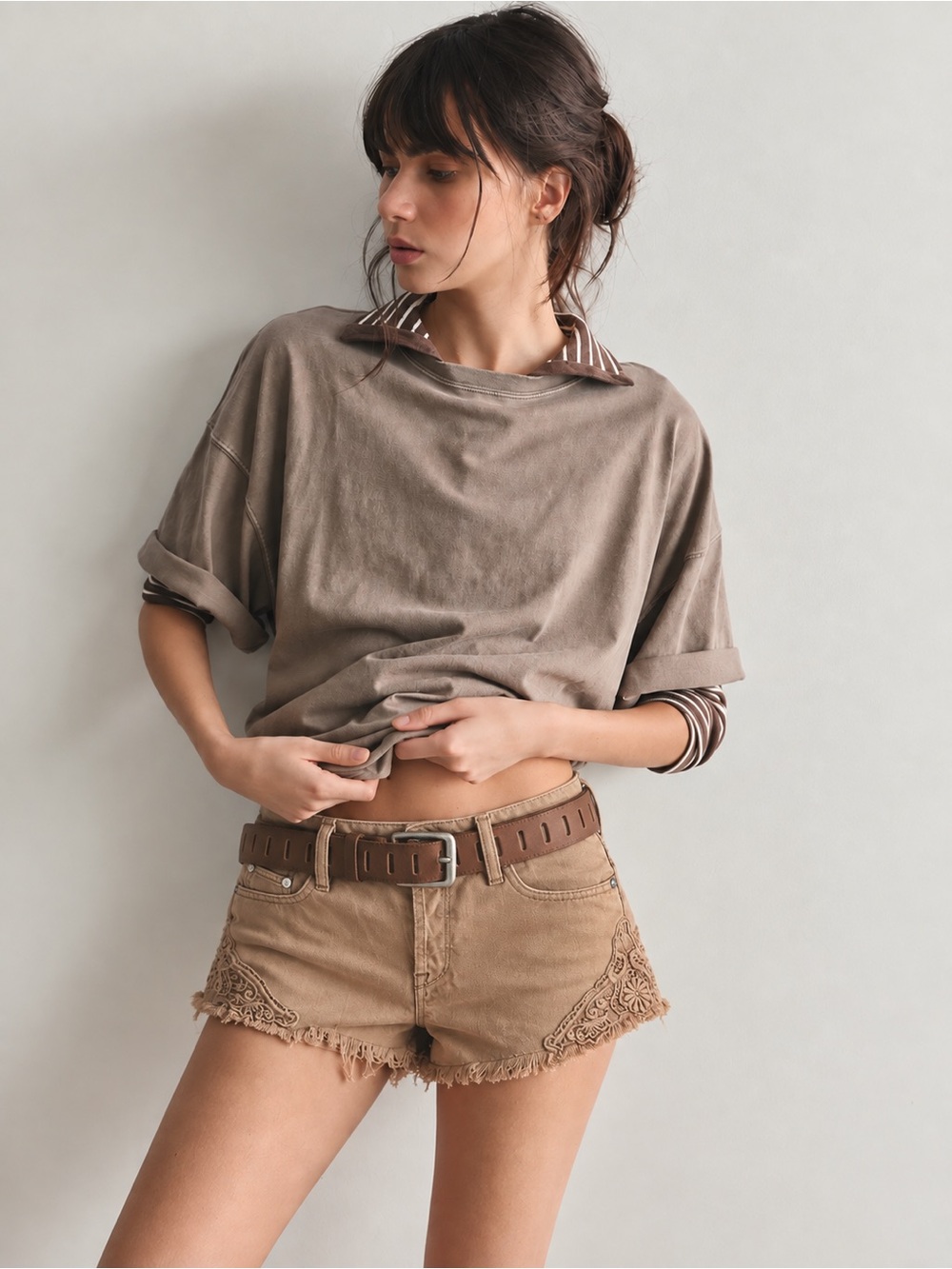 239. Roxy Tan Crochet-Trim Denim Shortie
